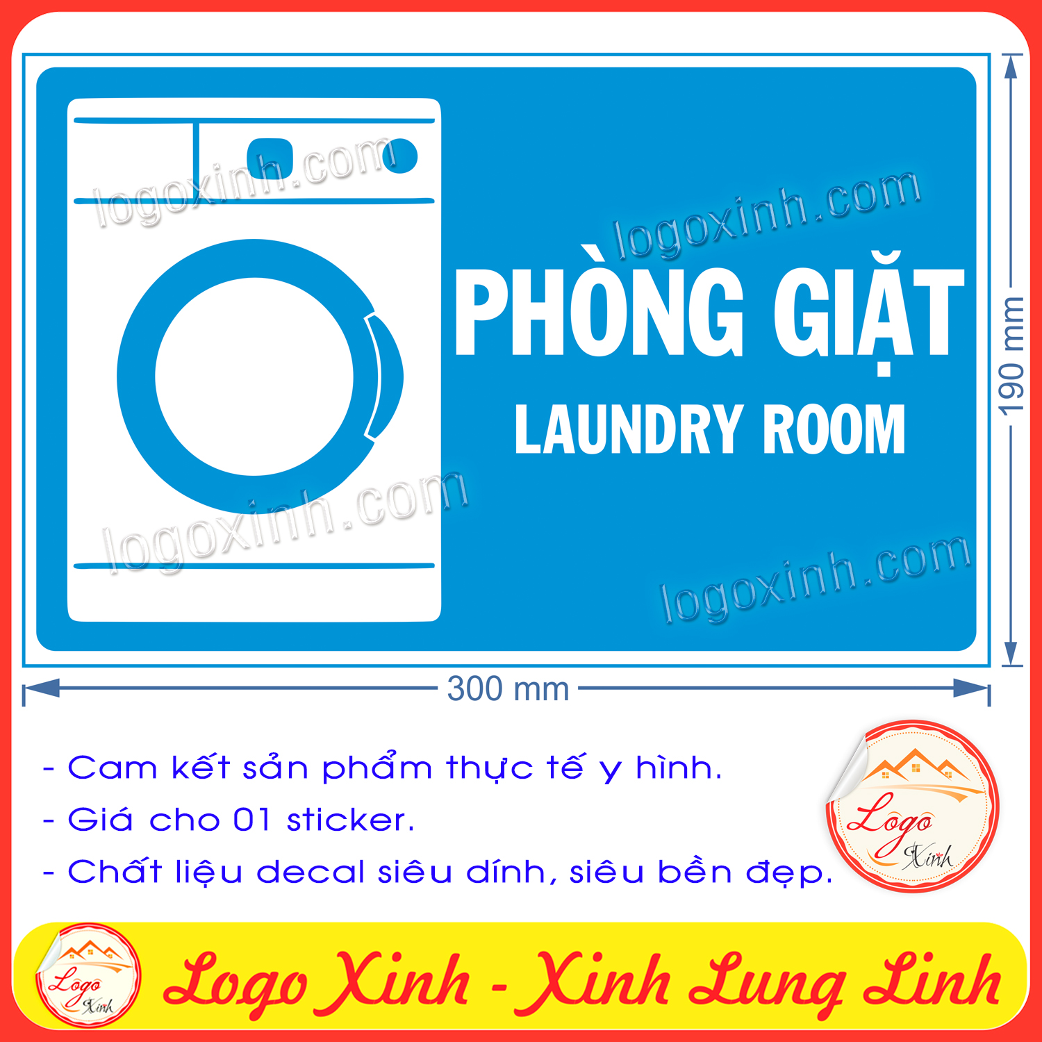 Logo Tem Sticker Biển Phòng Giặt Đồ - Laundry Room, Chất Liệu Decal Có Keo Dán Sẵn Chống Nước Tuyệt Đối