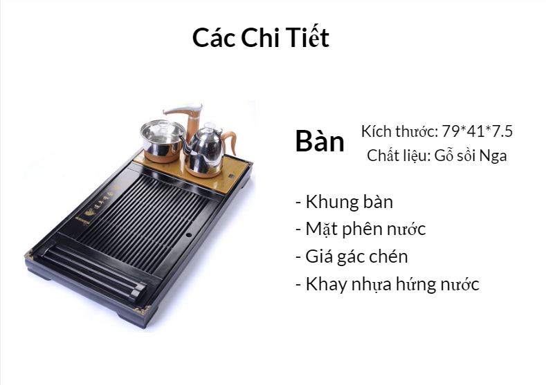 Bàn trà điện thông minh giá rẻ mẫu gỗ sồi sơn PU đen - Gồm đầy đủ bàn, bộ bếp pha trà, cùng ấm chén - Chữ thư pháp