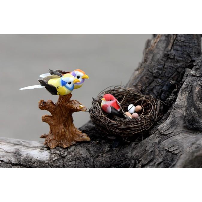Mô hình tổ chim, trứng, chim hoàng oanh bằng lông chim tự nhiên trang trí tiểu cảnh, bonsai, DIY