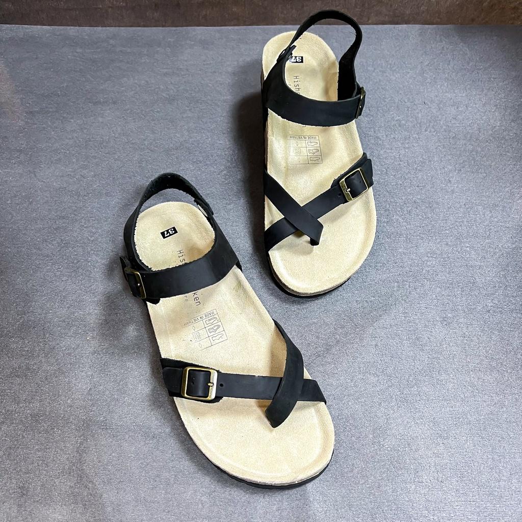 Dép đế trấu birken da bò sáp nam nữ unisex 2 khóa quai sandal xỏ ngón size 35 - 43 chính hãng Hishoo S108