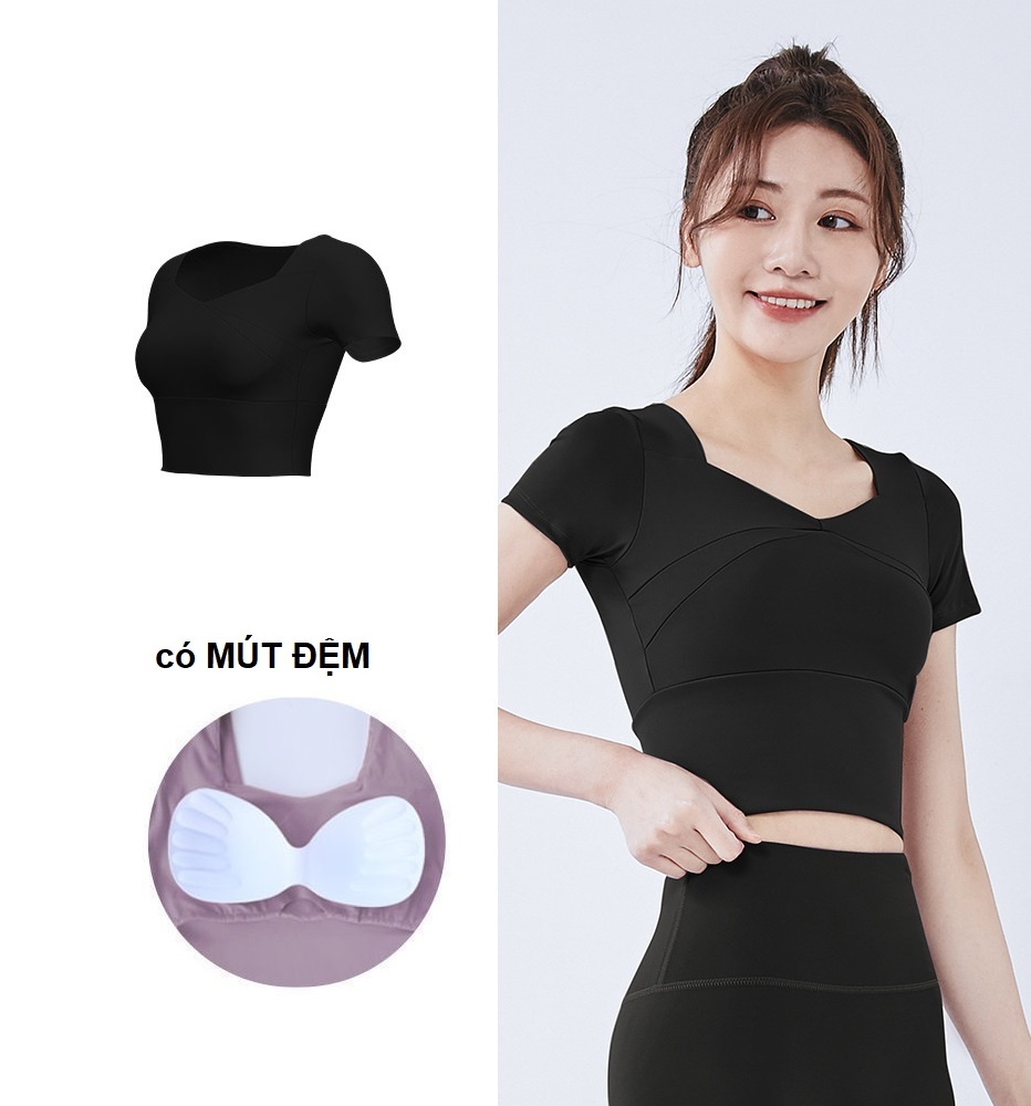 Set quần áo tập gym yoga, áo croptop ngắn tay có mút đệm và quần lửng ôm body, tôn dáng