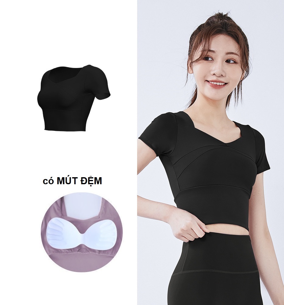 Set quần áo tập gym yoga 2 món, áo croptop ngắn tay có mút đệm và quần dài ôm body, tôn dáng, thời trang