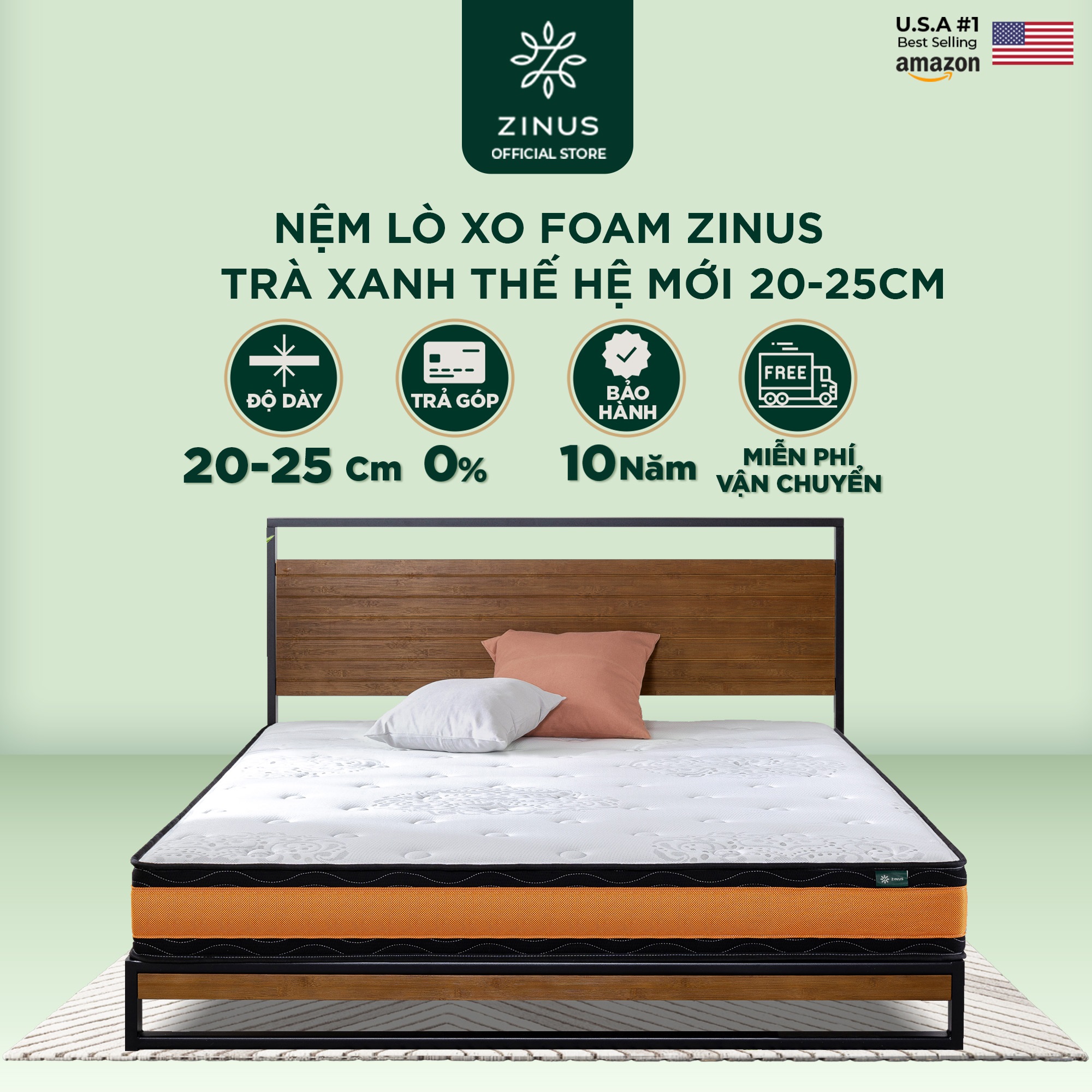 Nệm Lò Xo Độc Lập Zinus Foam Mát Trà Xanh Thế Hệ Mới