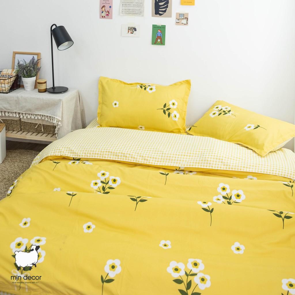 Drap Giường Hoa Kẻ Vàng Bộ Chăn Ga Gối Cotton 3D - Ga Trải Giường Thiết Kế Mịn Decor