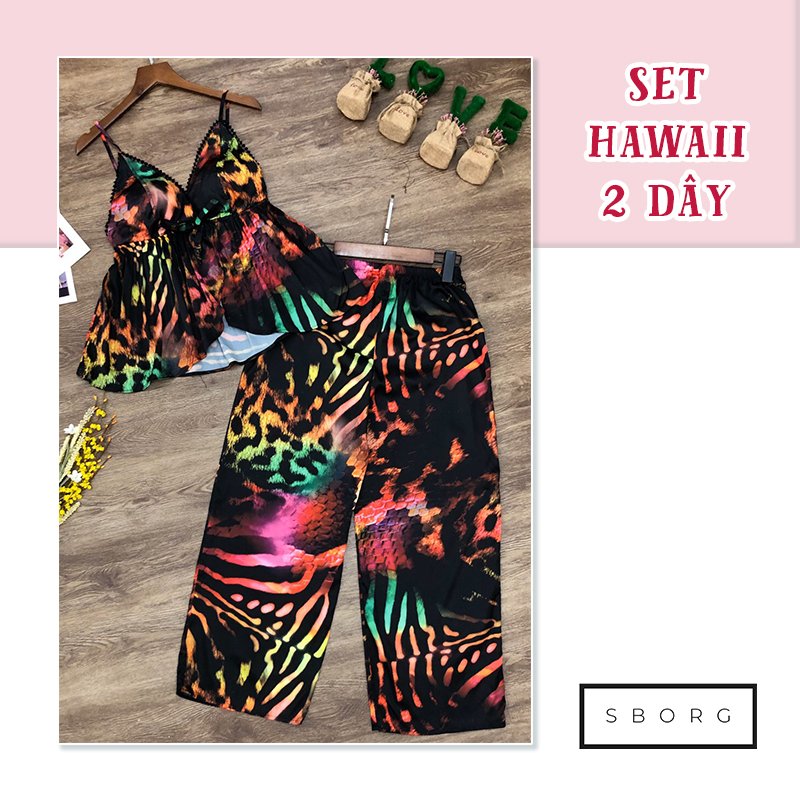 Set đồ nữ đi chơi SBORG bộ quần áo nữ lụa hawaii cao cấp mềm nhẹ áo 2 dây sexy họa tiết thổ cẩm độc lạ phối quần ống rộng dễ thương thanh lịch freesize dưới 57kg quà tặng vợ, thoải mái thoáng mát khi đi biển