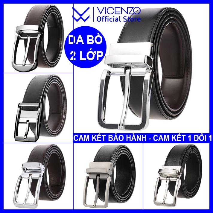 Thắt Lưng Nam DA BÒ HAI LỚP Khóa Hợp kim đúc Cao Cấp Vicenzo, Dây thắt lưng nam dây đục lỗ sử dụng hai mặt