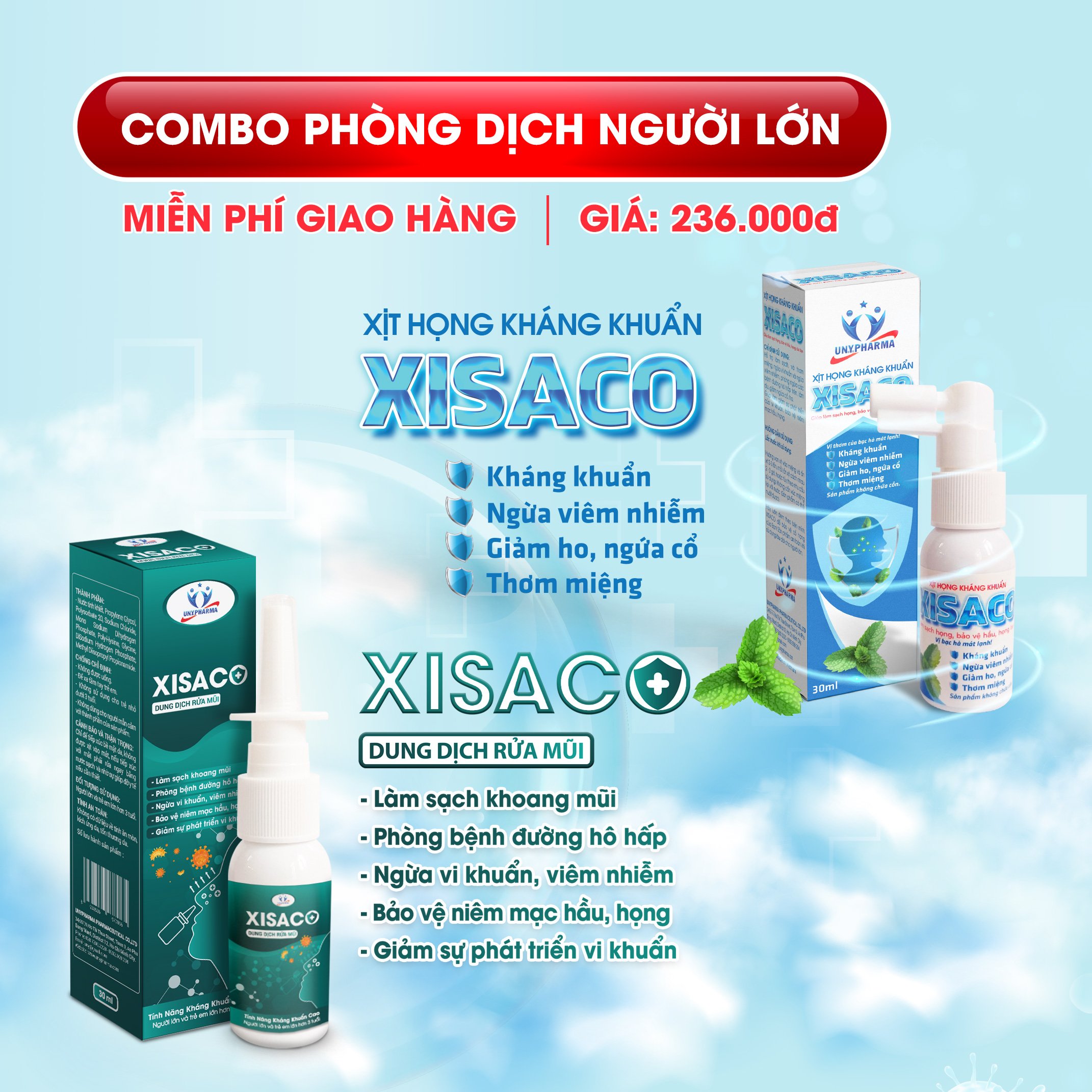 COMBO PHÒNG DỊCH NGƯỜI LỚN - Dung dịch rửa mũi &amp; Xịt họng kháng khuẩn XISACO  bộ sản phẩm bảo vệ đường hô hấp chính hãng