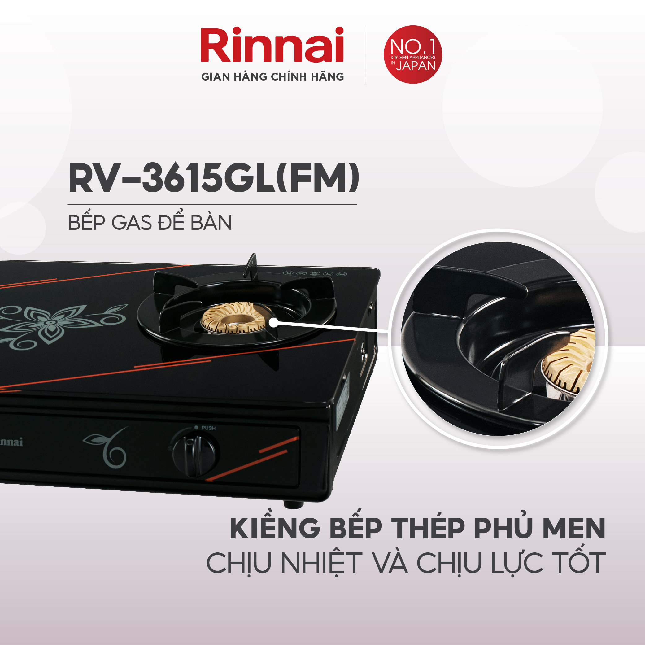 Bếp gas dương Rinnai RV-3615GL(FM) mặt bếp kính và kiềng bếp men - Hàng chính hãng.