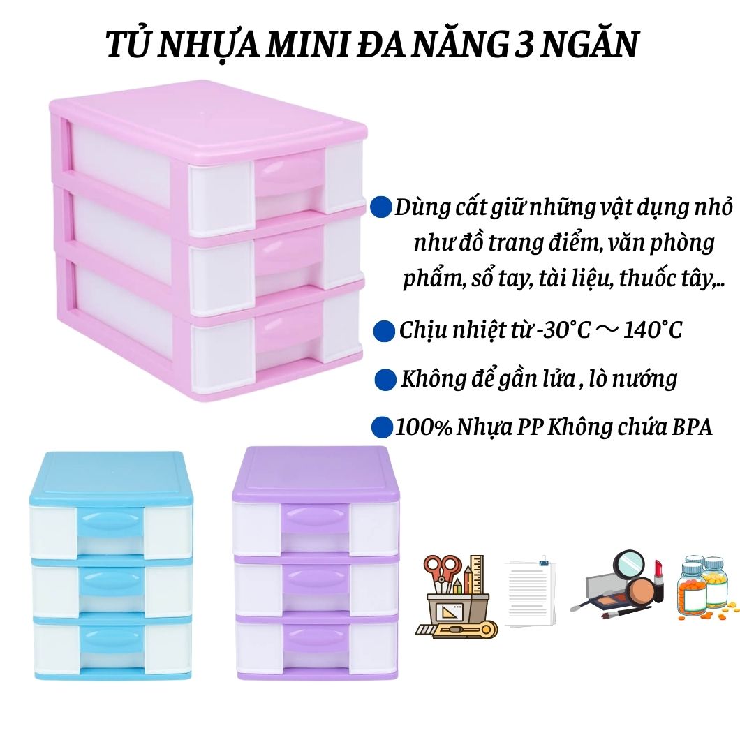 Tủ nhựa đa năng 3 ngăn đựng đồ để bàn tiết kiệm không gian 100% nhựa PP Đại Đồng Tiến an toàn sức khỏe