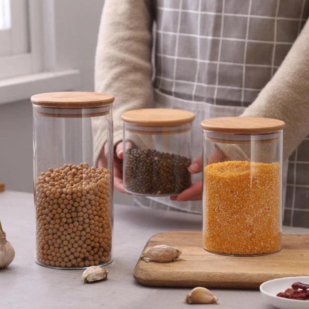 Set 3 Lọ chè thuỷ tinh nắp gỗ tre