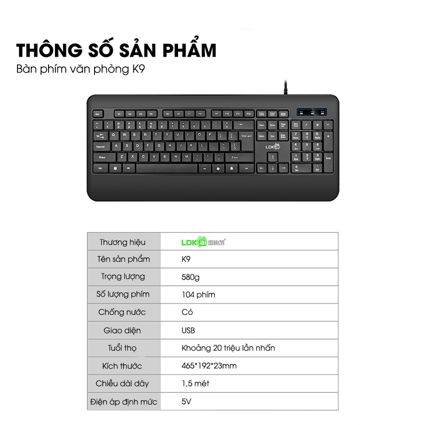 Bàn phím máy tính có dây K9 thiết kế full size 104 phím chống nước phần kê tay siêu rộng cho laptop, máy tính văn phòng