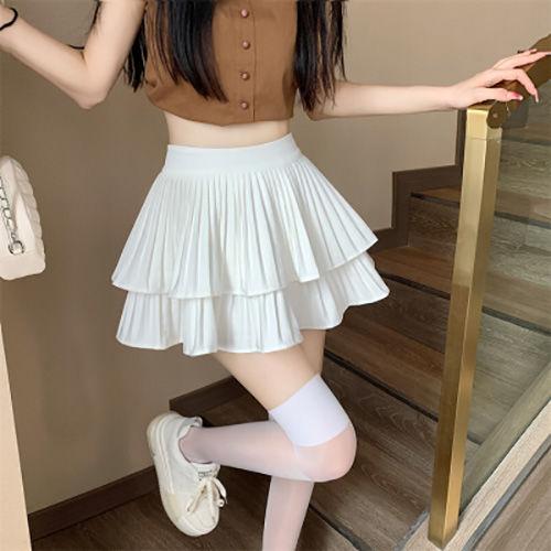 SHUANGYAN Váy bánh xếp li ngọt ngào hai lớp 2023 Mùa xuân và mùa hè cao eo nhỏ nửa người váy ngắn chữ A