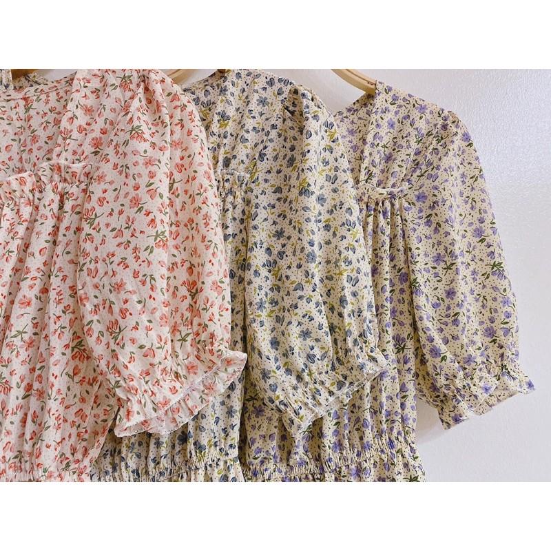 Váy Hoa Nhí Vintage Cổ Vuông Chun Eo 3 Tầng