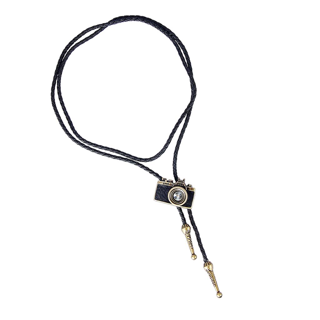 Leather Necktie with Camera Pendant Cord Bolo Tie Rope Necklace for Women and Men