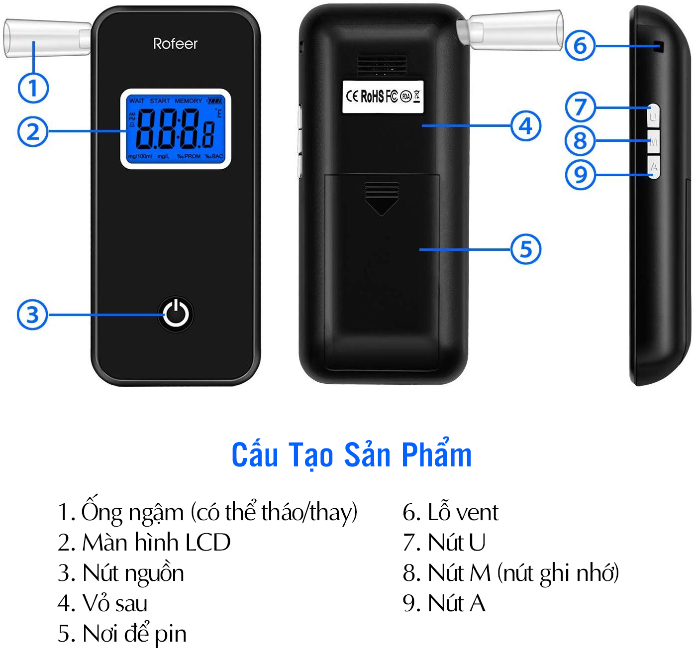 Máy Thổi Đo Nồng Mức Độ Cồn Alcohol Rofeer Cầm Tay - Hàng chính hãng