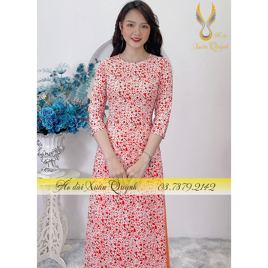 Áo Dài Truyền Thống Màu Đỏ Phối Cam Thanh Lịch, Duyên Dáng Lụa Habutai Cao Cấp K65