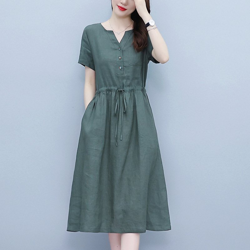Đầm Linen dáng suông cỏ V có túi 2 bên sườn kèm dây rút eo trẻ trung, tôn dáng da218