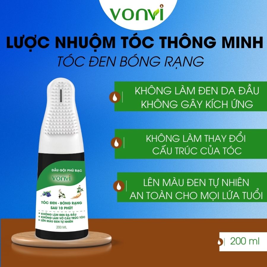 Thuốc nhuộm tóc làm đen tóc VONVI tự nhiên sau 10 phút với thiết kế dạng lược dễ chải chai 200 ml