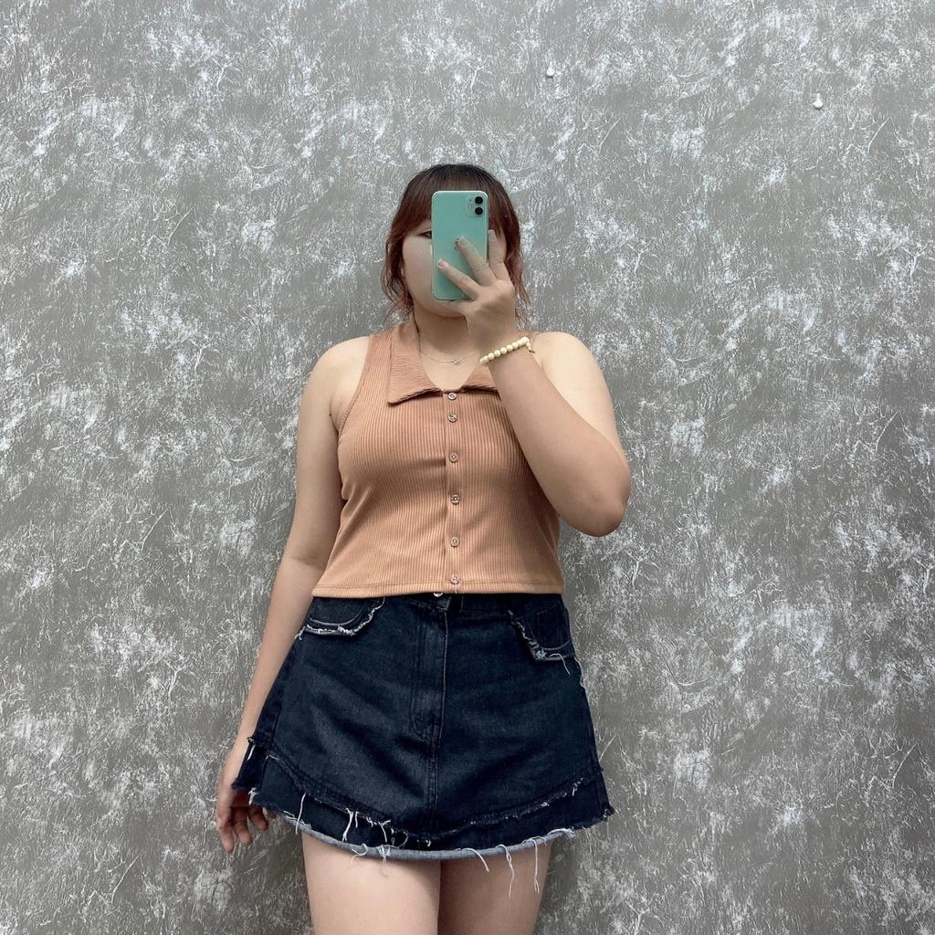 Áo thun ba lỗ dáng croptop bigsize nữ cổ bẻ nút kiểu thun gân co giãn G111 - Trắng