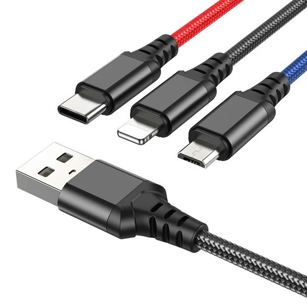 Cáp Sạc Hoco X76 3 Đầu Vỏ Bọc Dù Siêu Bền, Chống Rối, Chống Đứt Gãy Vượt Trội