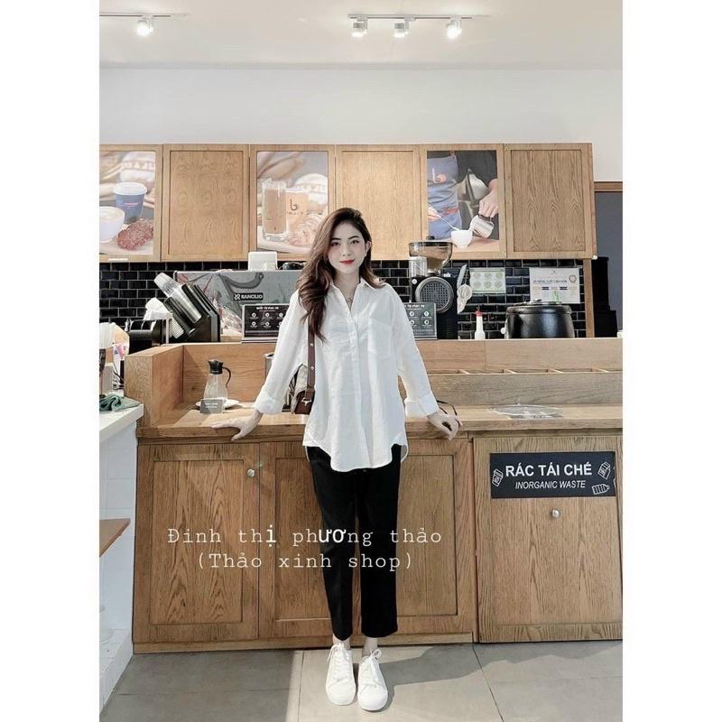Áo Sơ Mi Form Rộng MOLA Màu Trắng Dáng Dài 1 Túi Kiểu Hàn Quốc Vintage Ulzzang Tiểu Thư Bánh Bèo Chất Đũi