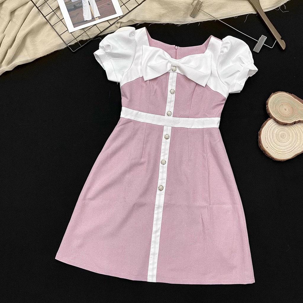 Đầm suông nữ công sở tay ngắn phồng phối nơ kết hợp hàng cúc giữa chất cotton nhẹ mát