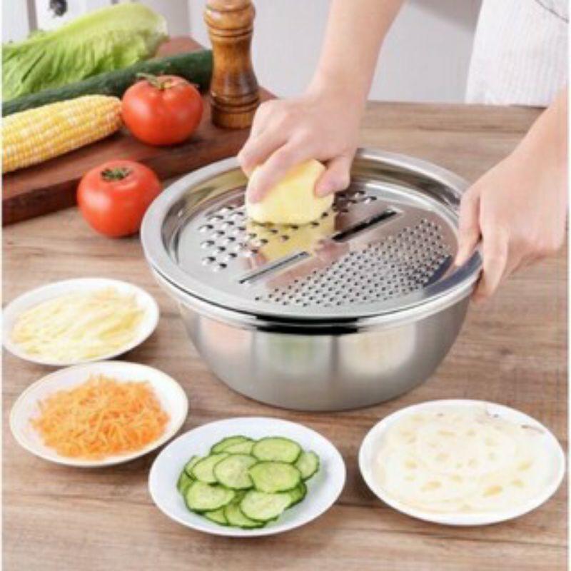 Bộ 3 món thau, rổ inox bào củ quả