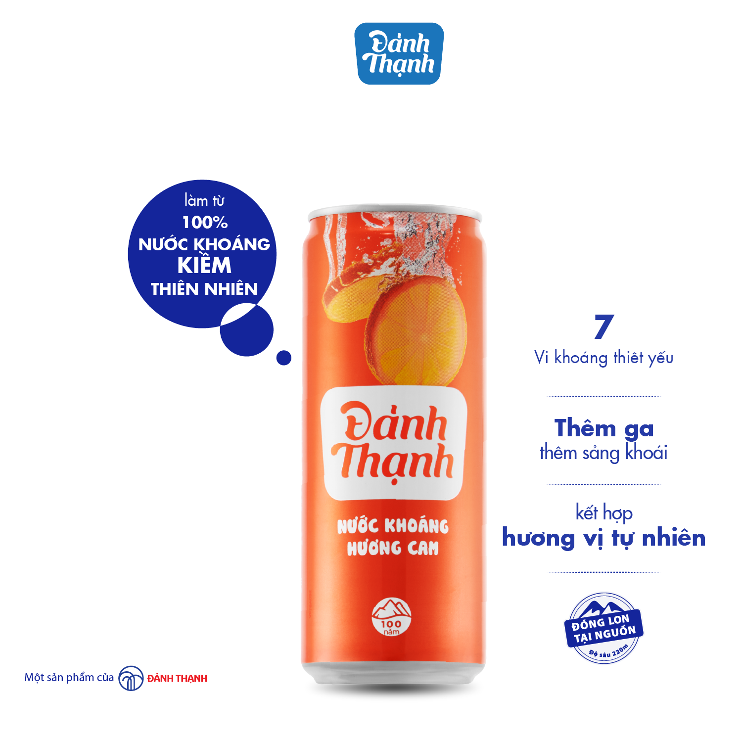 Lốc 6 lon Nước khoáng thiên nhiên có ga Đảnh Thạnh khoáng cam lon 330ml