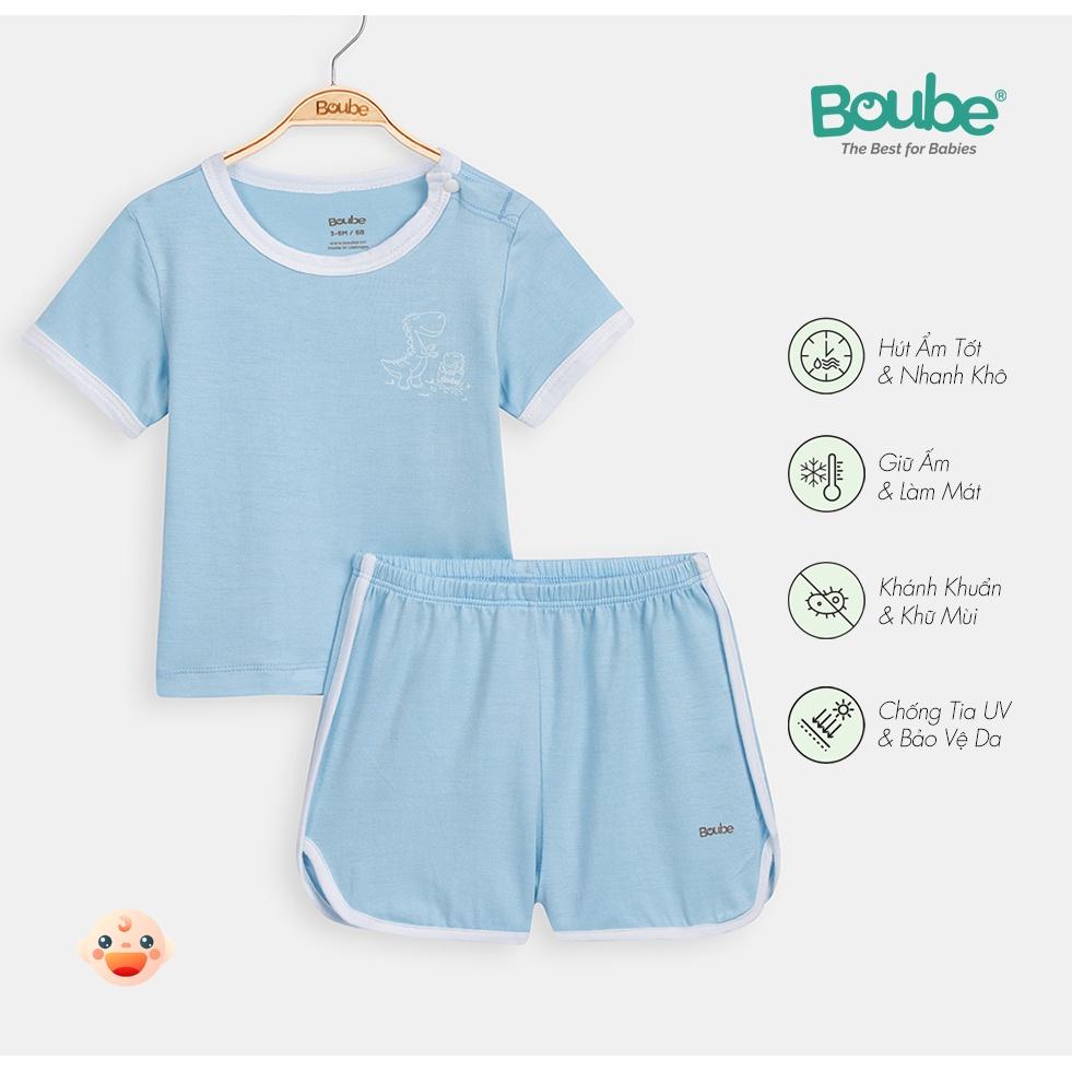 Bộ cộc tay cúc bấm vai màu xanh viền trắng Boube - Chất liệu Petit mềm mại thoáng mát cho bé từ 0 đến 24 tháng