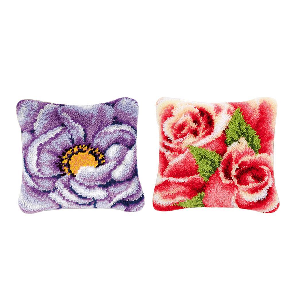 2 Set Flower Latch Hook Kit with Basic Tools Pillow Cover Embroidery Kit