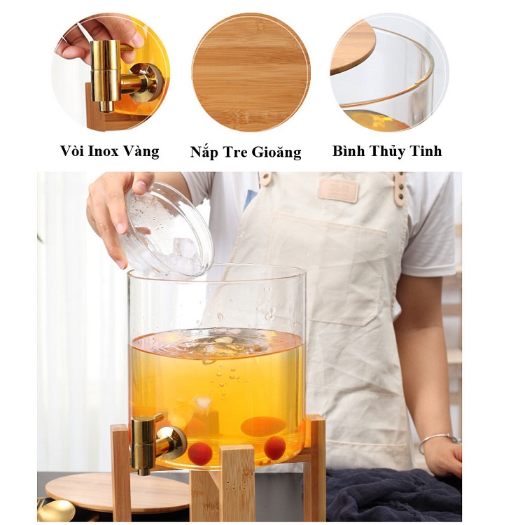 Bình thủy tinh đựng nước chịu nhiệt, bình ngâm nước trái cây có vòi kèm kệ gỗ sang trọng.