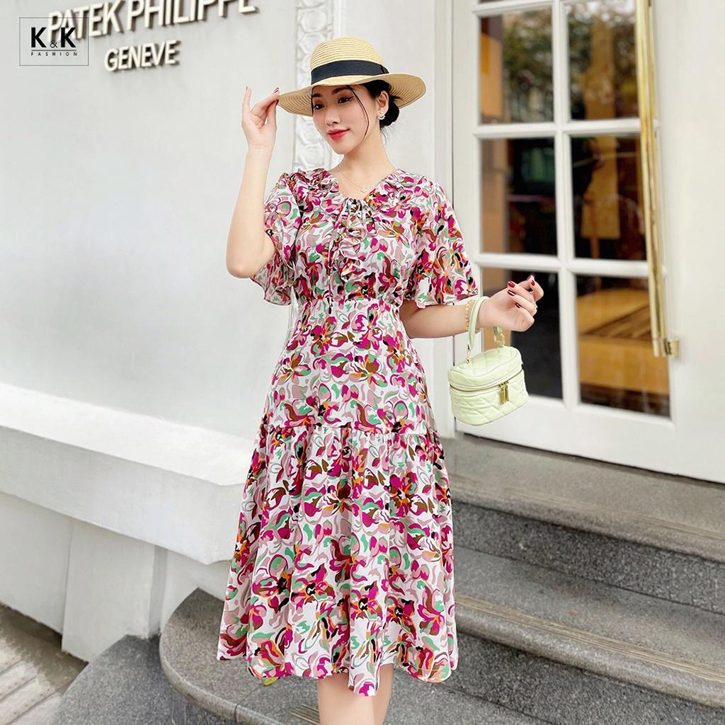 Đầm Hoa Công Sở Nữ Viền Bèo K&amp;K Fashion KK117-31 Chất Liệu Lụa