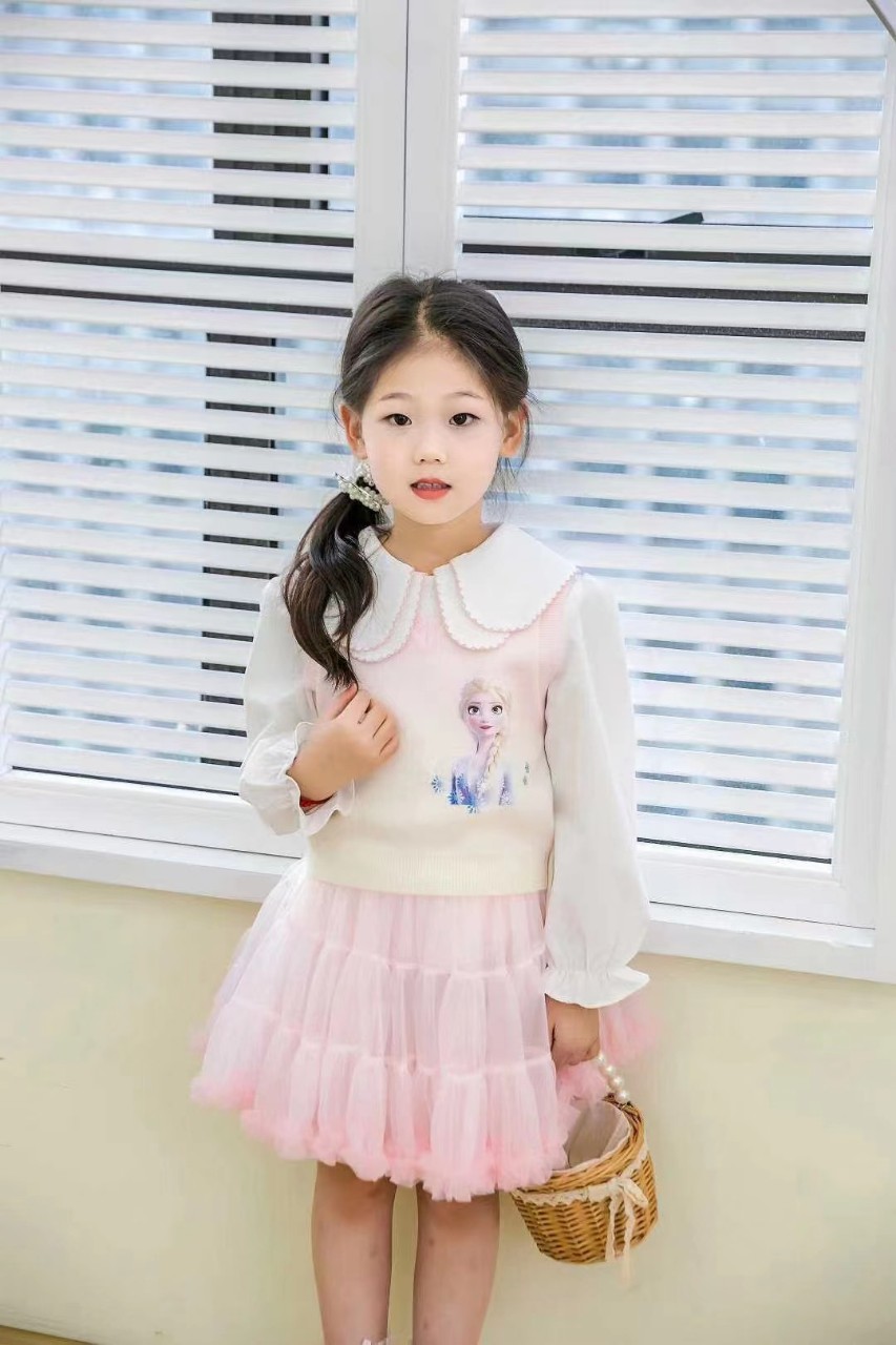 Set váy cho bé gái, Váy thu đông trẻ em 3-9 tuổi hình elsa chân váy ren phong cách Hàn Quốc kiểu dáng thời trang