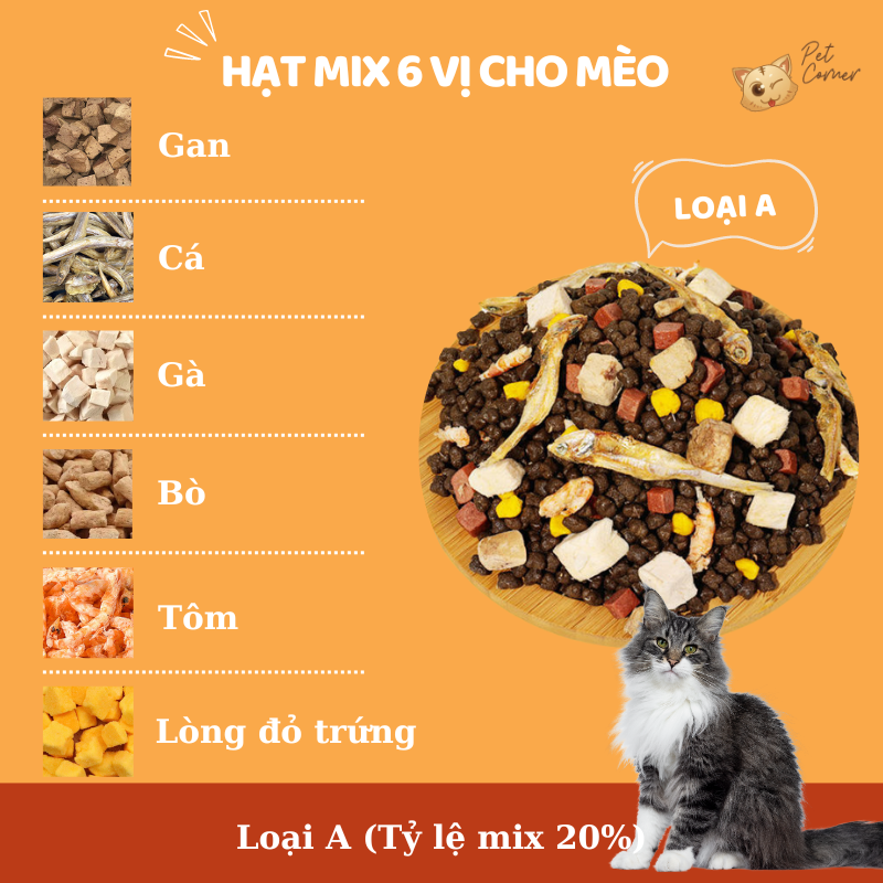 Hạt mix cao cấp cho mèo trộn thịt bò, gà, tôm, cá, lòng đỏ trứng, rau củ quả - Thức ăn hạt cho mèo kén ăn