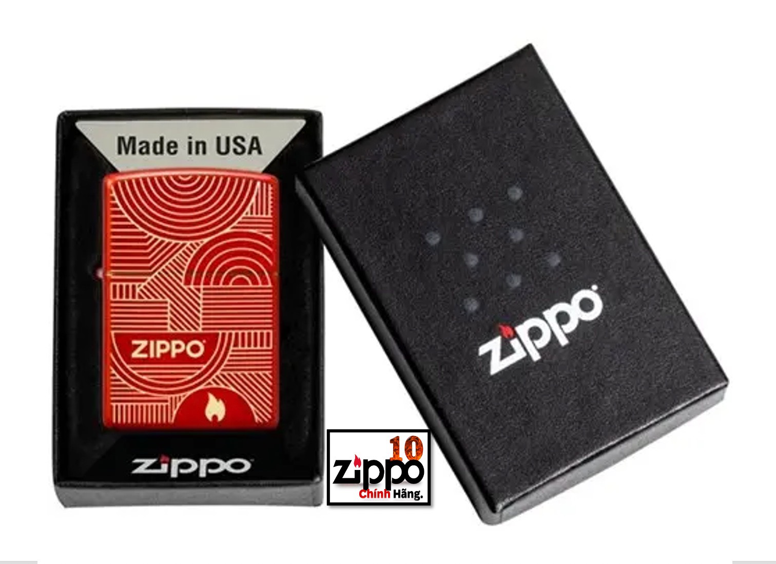 Bật lửa Zippo 48705 Logo Flame Art Deco Circles Lines - Chính hãng 100%