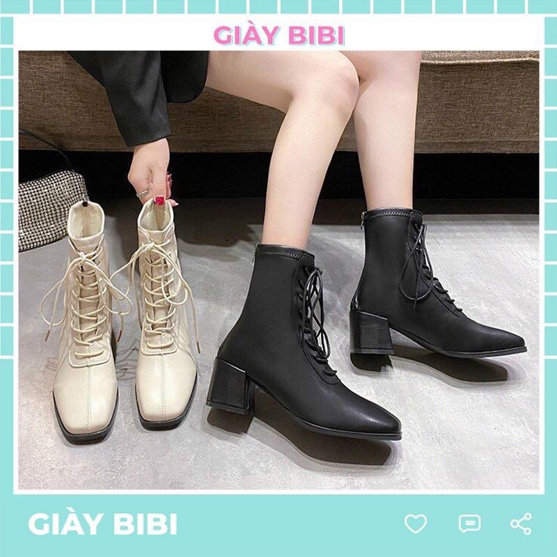 Giày Bốt Đế Vuông Cổ Lửng Buộc Dây 2 Dáng Phong Cách Thời Trang