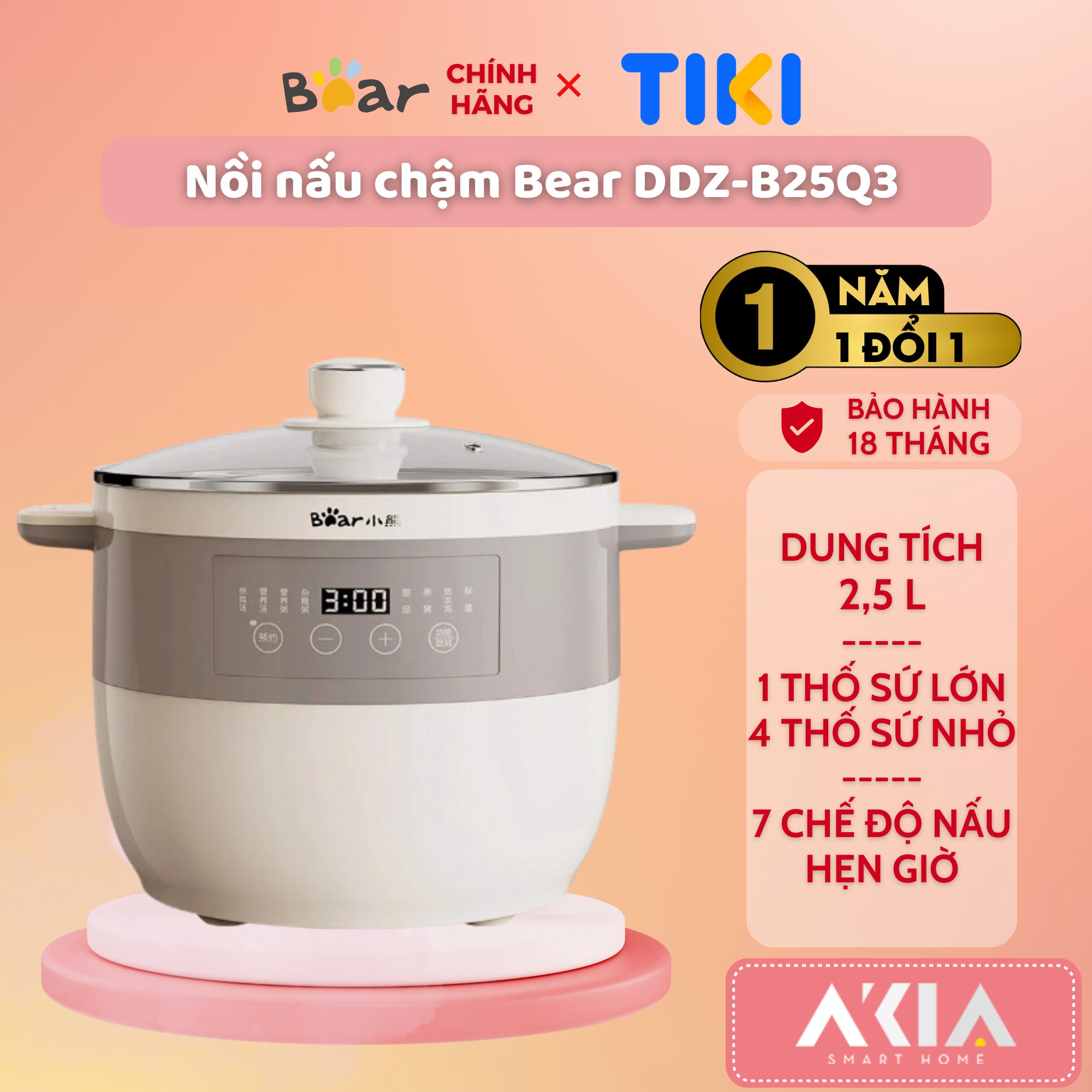 Nồi nấu chậm Bear DDZ-B25Q3 2.5L, kèm 1 thố sứ lớn, 4 thố sứ nhỏ, 7 chế độ nấu ăn, hẹn giờ, BH 18 tháng - HÀNG CHÍNH HÃNG