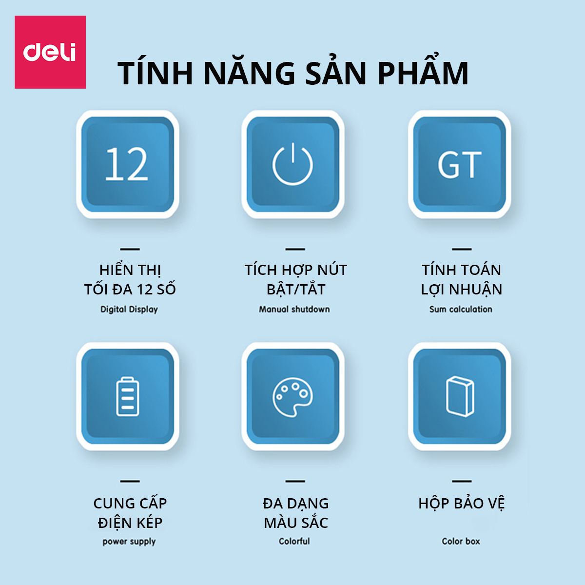 Máy tính cầm tay bỏ túi 12 số để bàn Deli có thể dùng năng lượng mặt trời và pin - Phù hợp văn phòng và học sinh - Nhiều màu - 1200