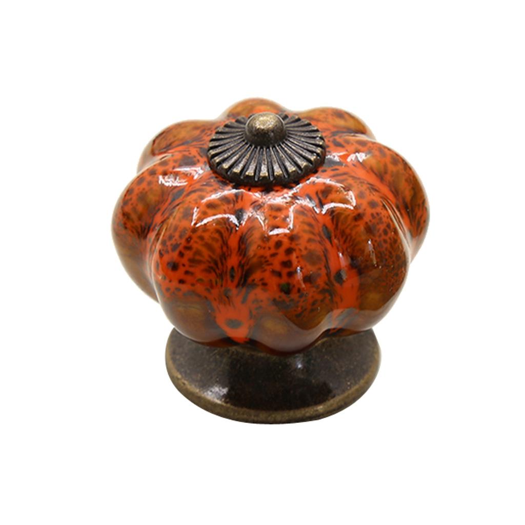 2x Round Pumpkin Shape Ceramic Cabinet Handles Orange