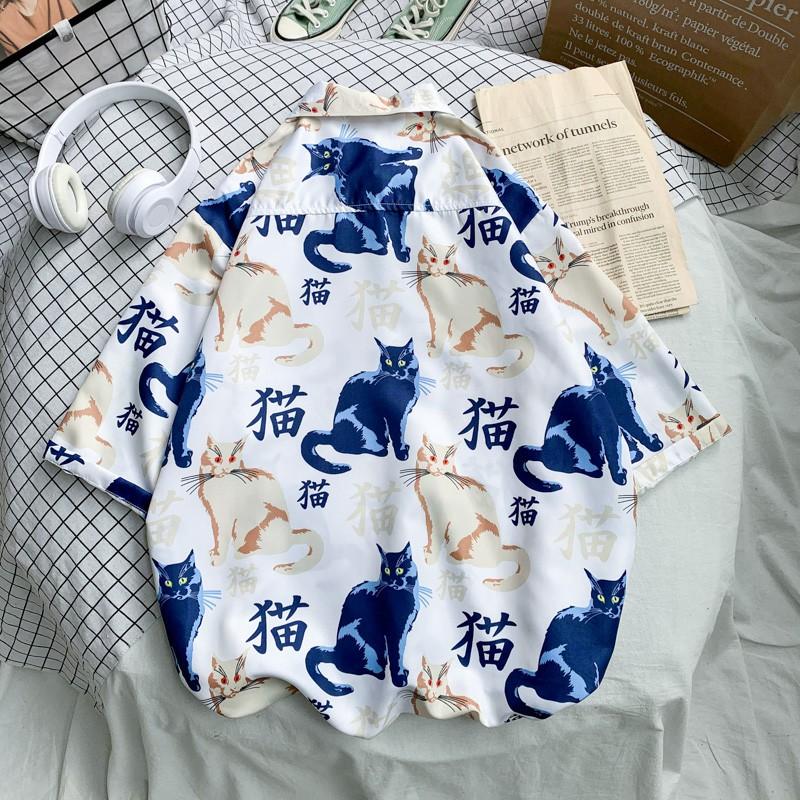 Áo Sơ Mi Nam Tay Ngắn Dáng Rộng In Hình Mèo Thời Trang