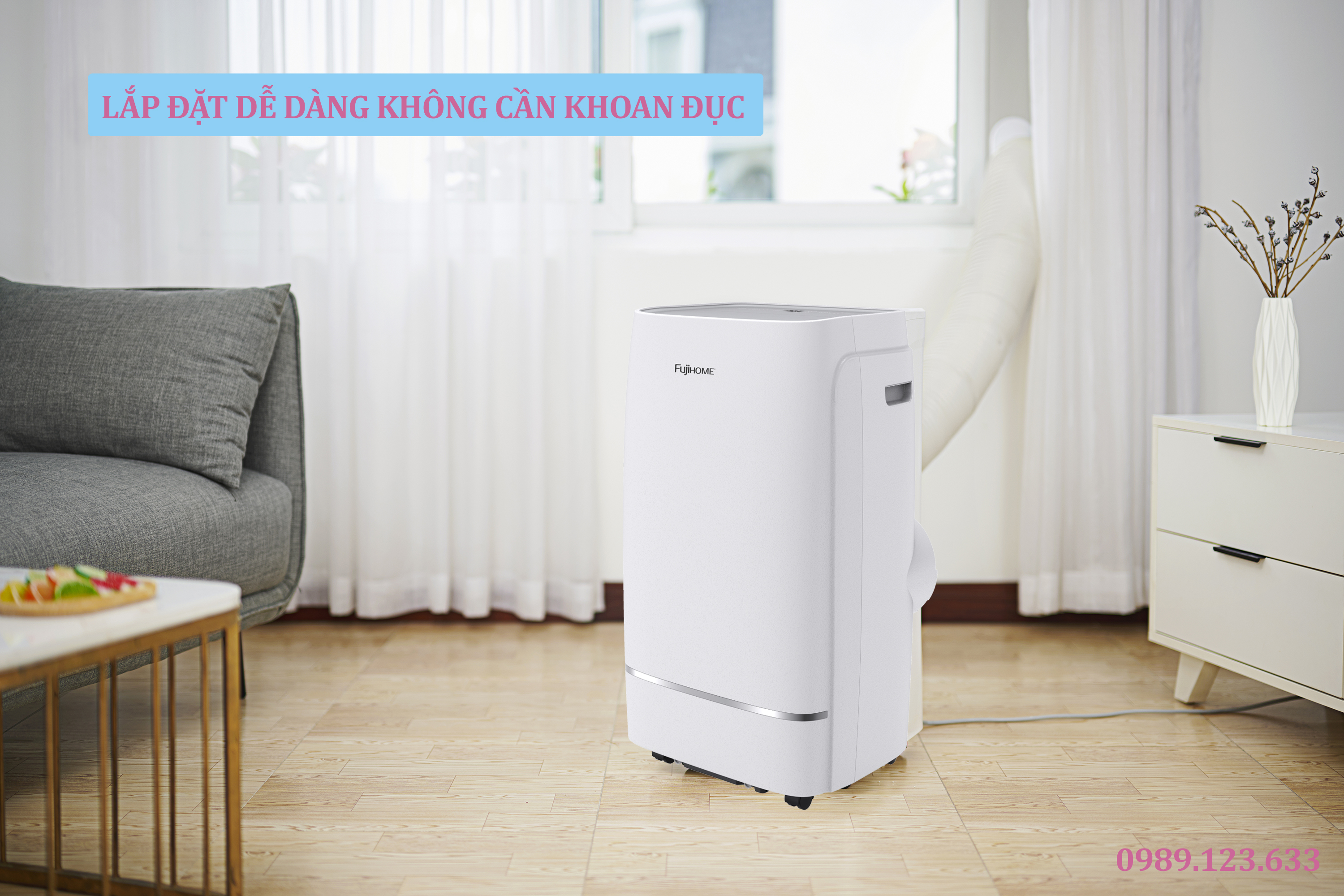 Máy lạnh di động 12.000 BTU FUJIHOME PAC12, máy lạnh đứng di động mini kết nối Wifi điều khiển qua App, 4 chức năng, làm lanh, hút ẩm, lọc không khí, quạt - Hàng chính hãng