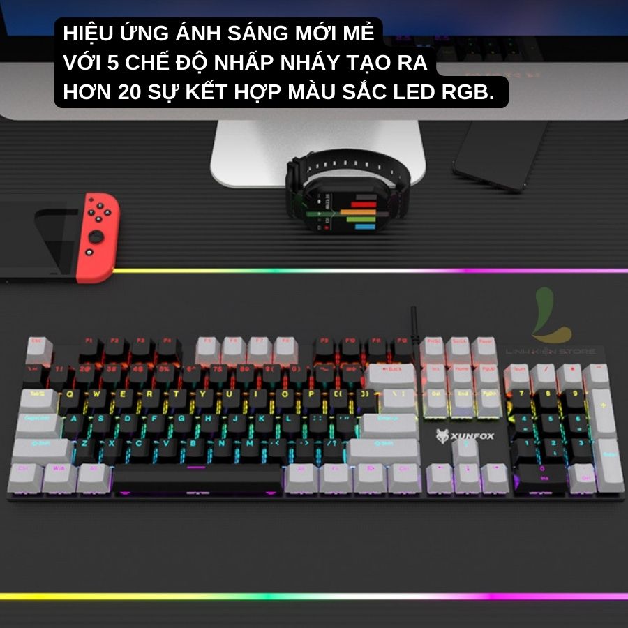 Bàn phím cơ XUNFOX K50 - Bàn phím gaming 104 phím cơ học kết hợp đèn LED cực đẹp, độ bền đến hơn 10 triệu lần nhấp - Hàng nhập khẩu