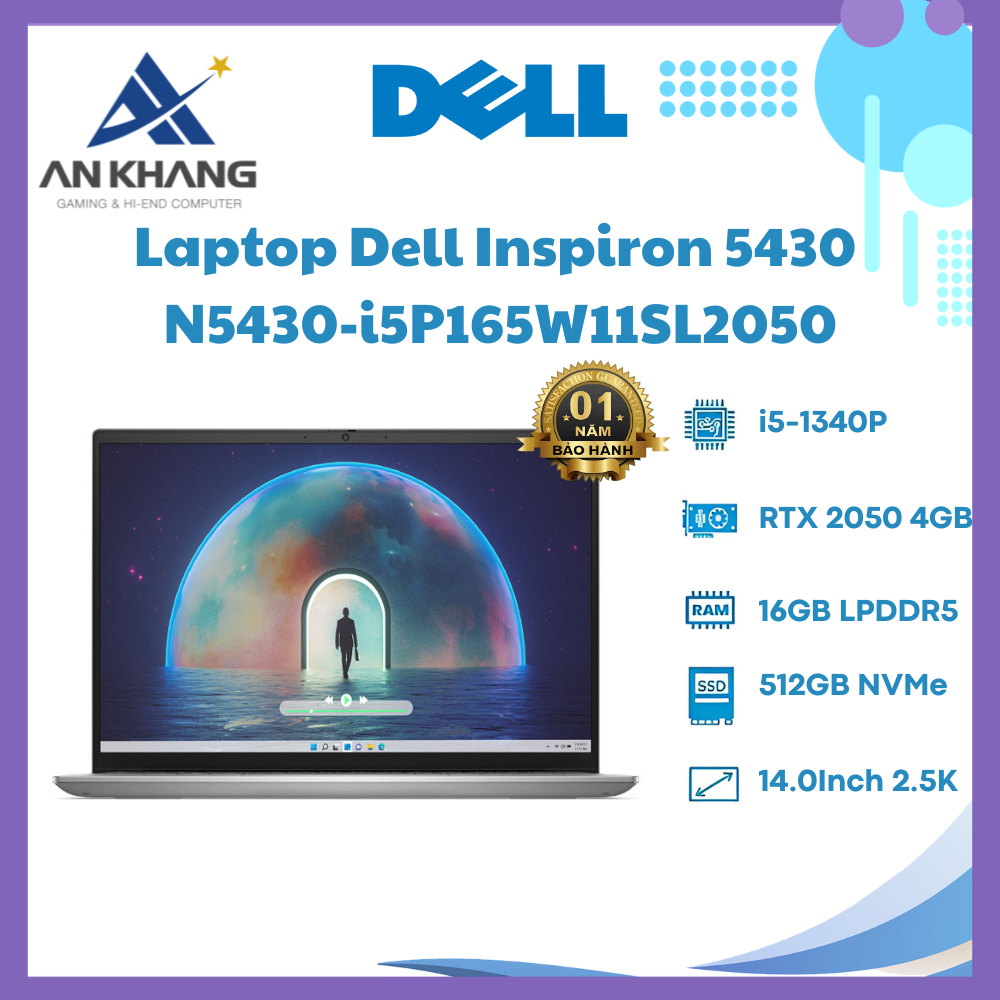 Laptop Dell Inspiron 14 5430 N5430-i5P165W11SL2050 (i5-1340P, RTX 2050 4GB, Ram 16GB LPDDR5, SSD 512GB, 14 Inch 2.5K, Win11/Office HS 21) - Hàng Chính Hãng - Bảo Hành 12 Tháng