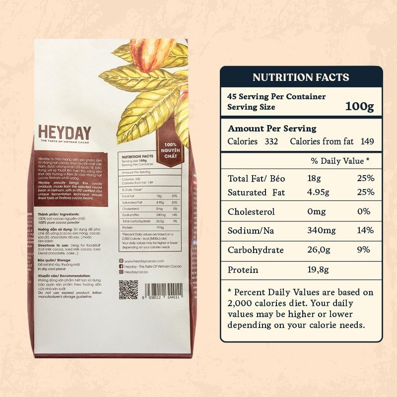 Bột cacao nguyên chất 100% Việt Nam - Dòng Origin thượng hạng túi giấy 500g - Heyday Cacao