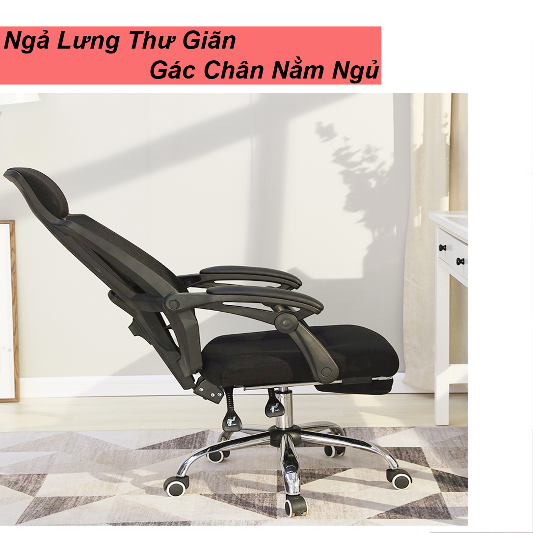 Ghế Văn Phòng Chân Xoay, Lưng Cao, Có Tựa Đầu Kèm Gác Chân, Ngả Lưng Thư Giãn AZP-H009-ĐEN - Hàng Nhập Khẩu