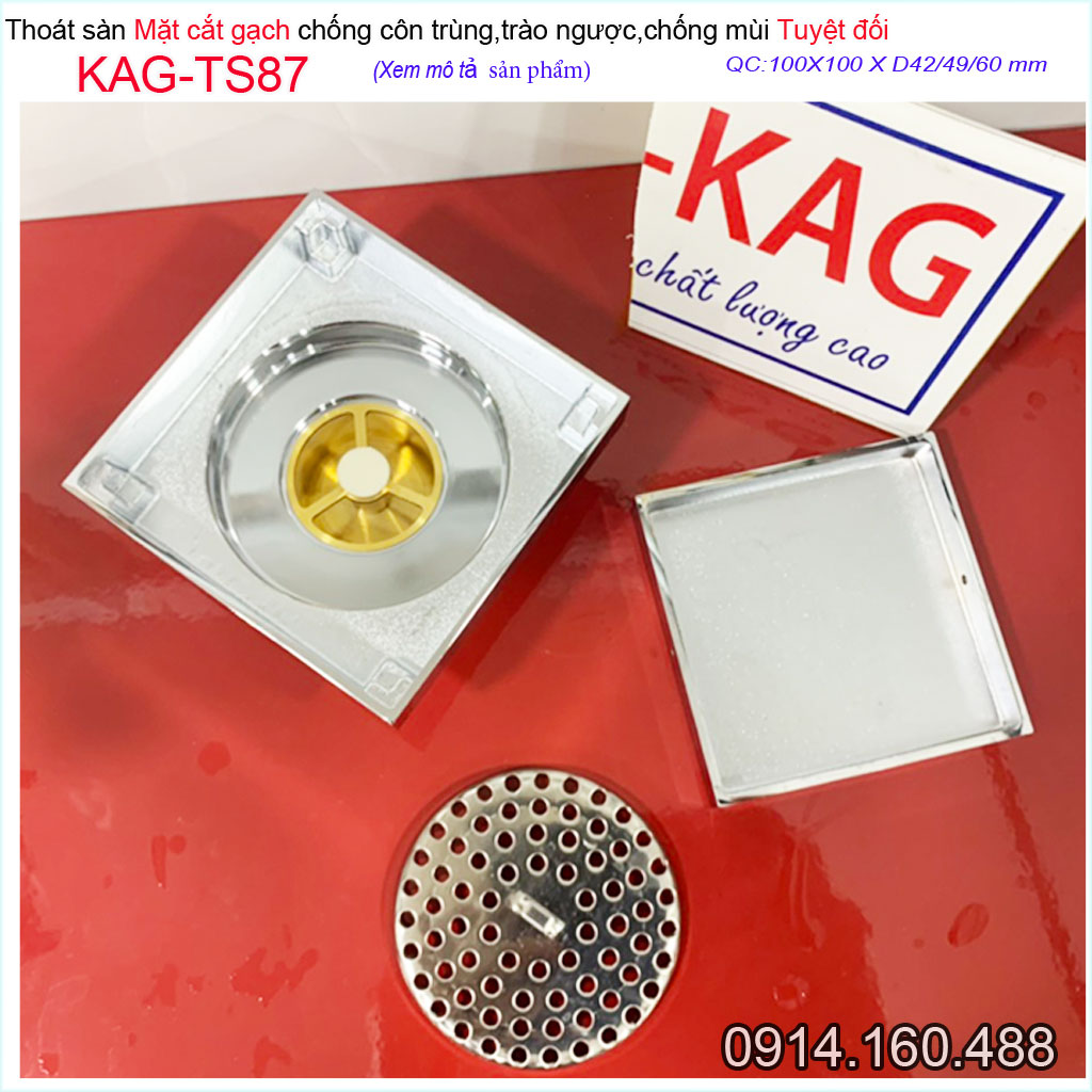 Thoát sàn mặt cắt gạch10x10m, thoát sàn âm inox 304 KAG-TS87, phễu thoát sàn chống hôi chống côn trùng thoát nhanh chặn tóc tốt