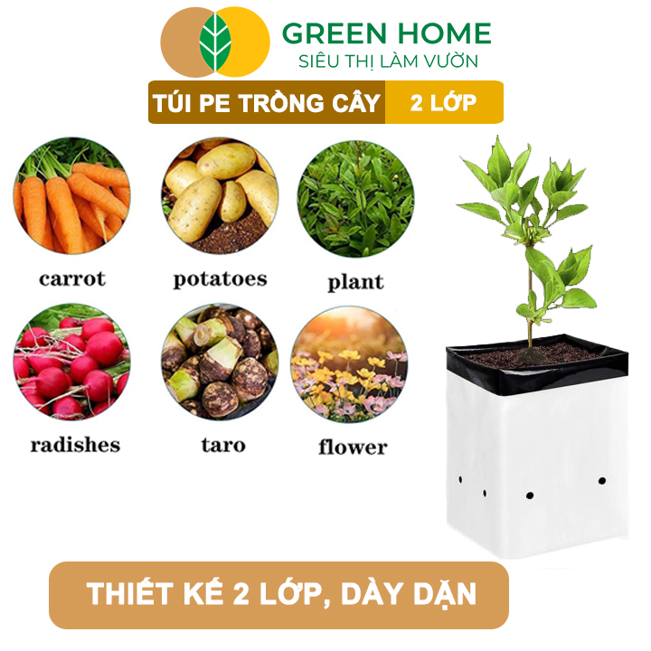 10 Túi Trồng Cây GreenHome, PE 2 Lớp, 18x36CM, Chống UV, Tiện Lợi, Độ Bền 1,5 Năm, Trồng Rau, Hoa