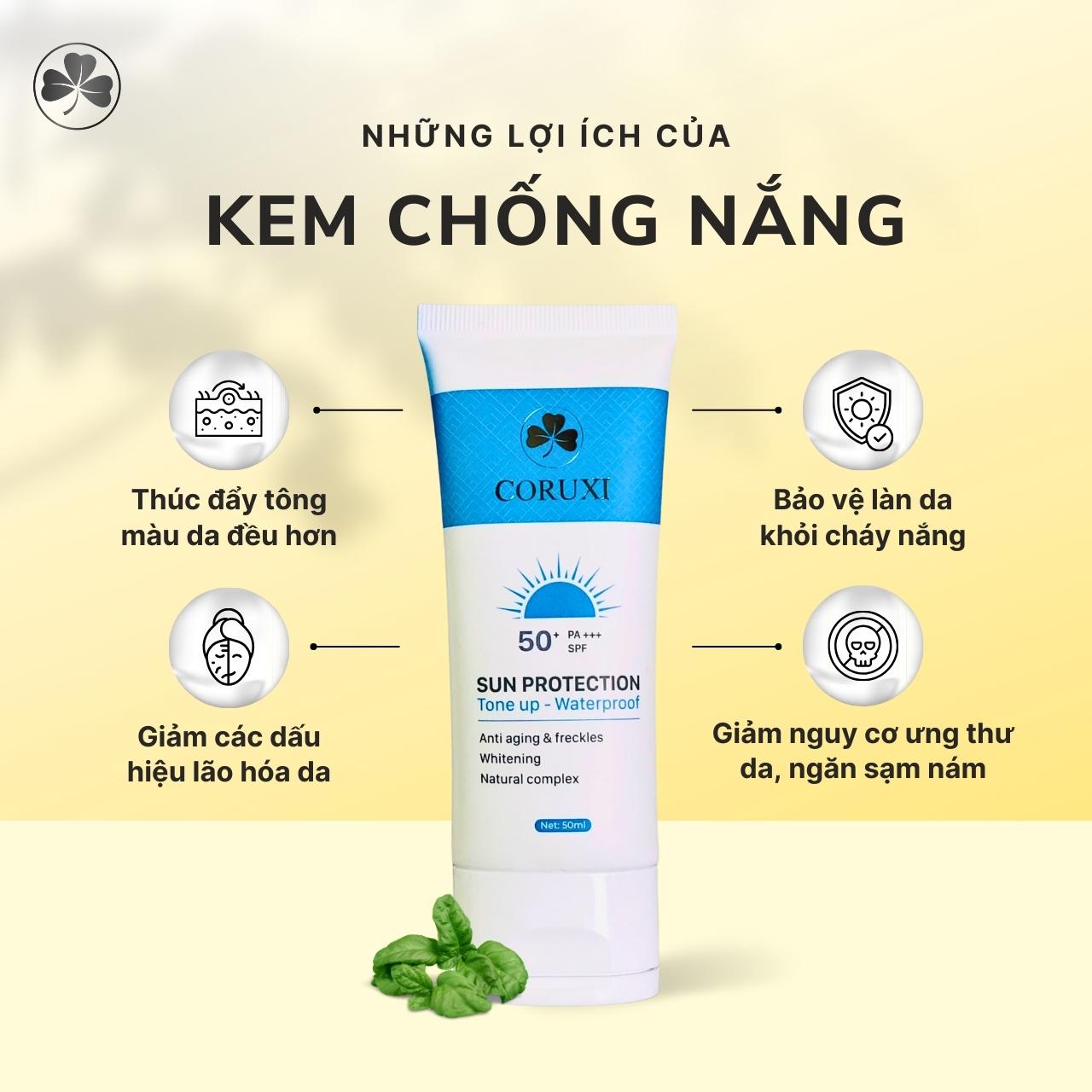 Kem Chống Nắng Coruxi Cho Da Dầu Mụn, Thoáng Da, Kiềm Dầu, Nâng Tone, Chống Nước, Ngừa Lão Hóa, Cho Da Đẹp Mịn Mướt Coruxi Chính Hãng 50ml