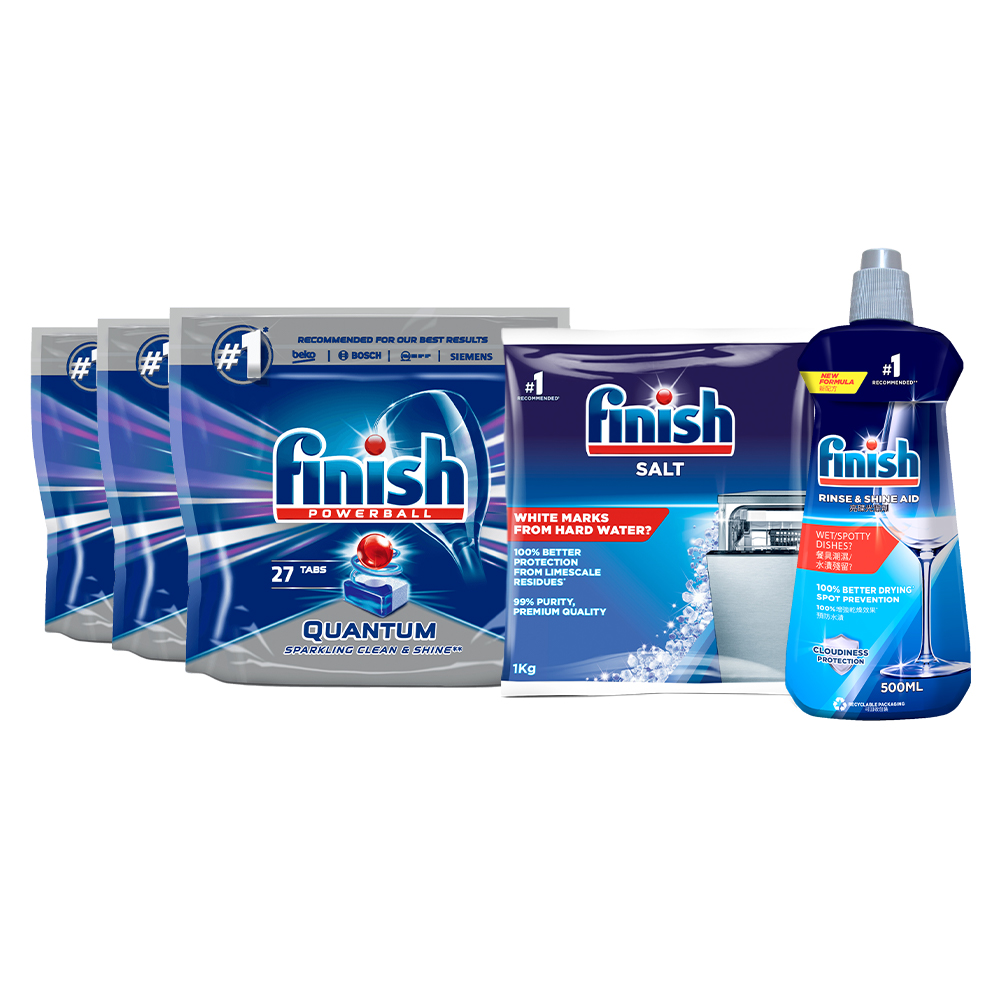 Combo Nâng Cao: 3 X Túi 27 Viên Nước Rửa Bát Powerball Quantum + Nước Làm Bóng Rinse & Shine Aid + Dung Dịch Tẩy Rửa Máy Rửa Chén Bát