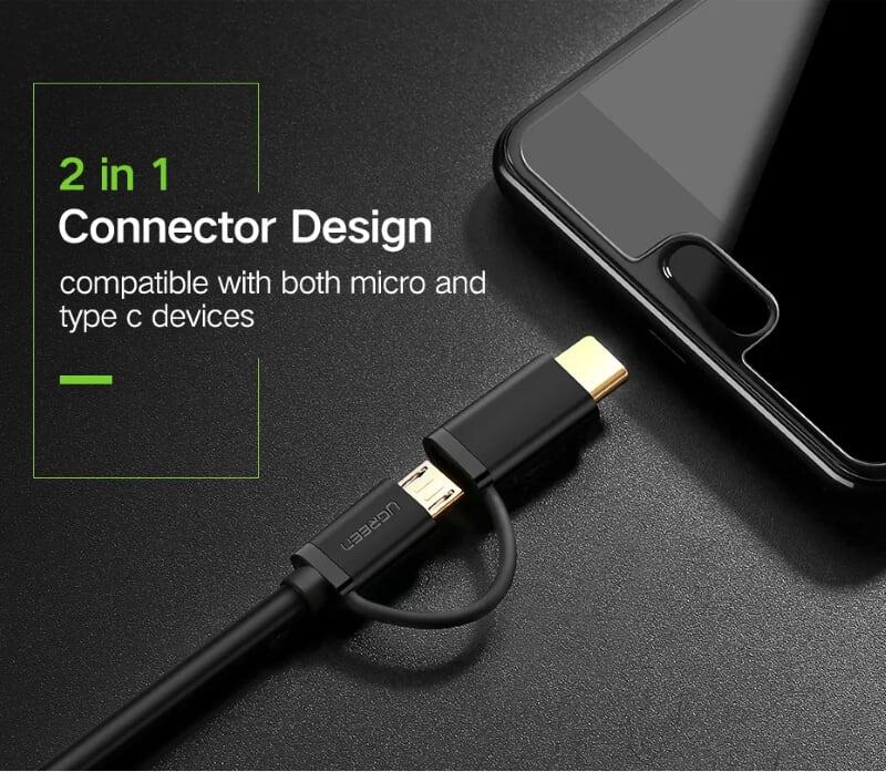 Ugreen UG30178US142TK 2M màu đen Dây USB 2.0 sang micro USB và Type-C và micro USB - HÀNG CHÍNH HÃNG